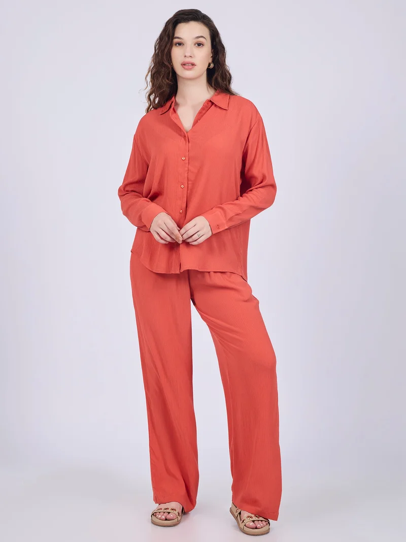 Outzidr Orange Orange Easy Shirt And Pull On Pants Co-Ord Set for Women | Best Price UAE